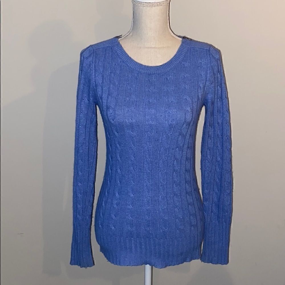 J. Crew cornflower blue cable knit sweater.